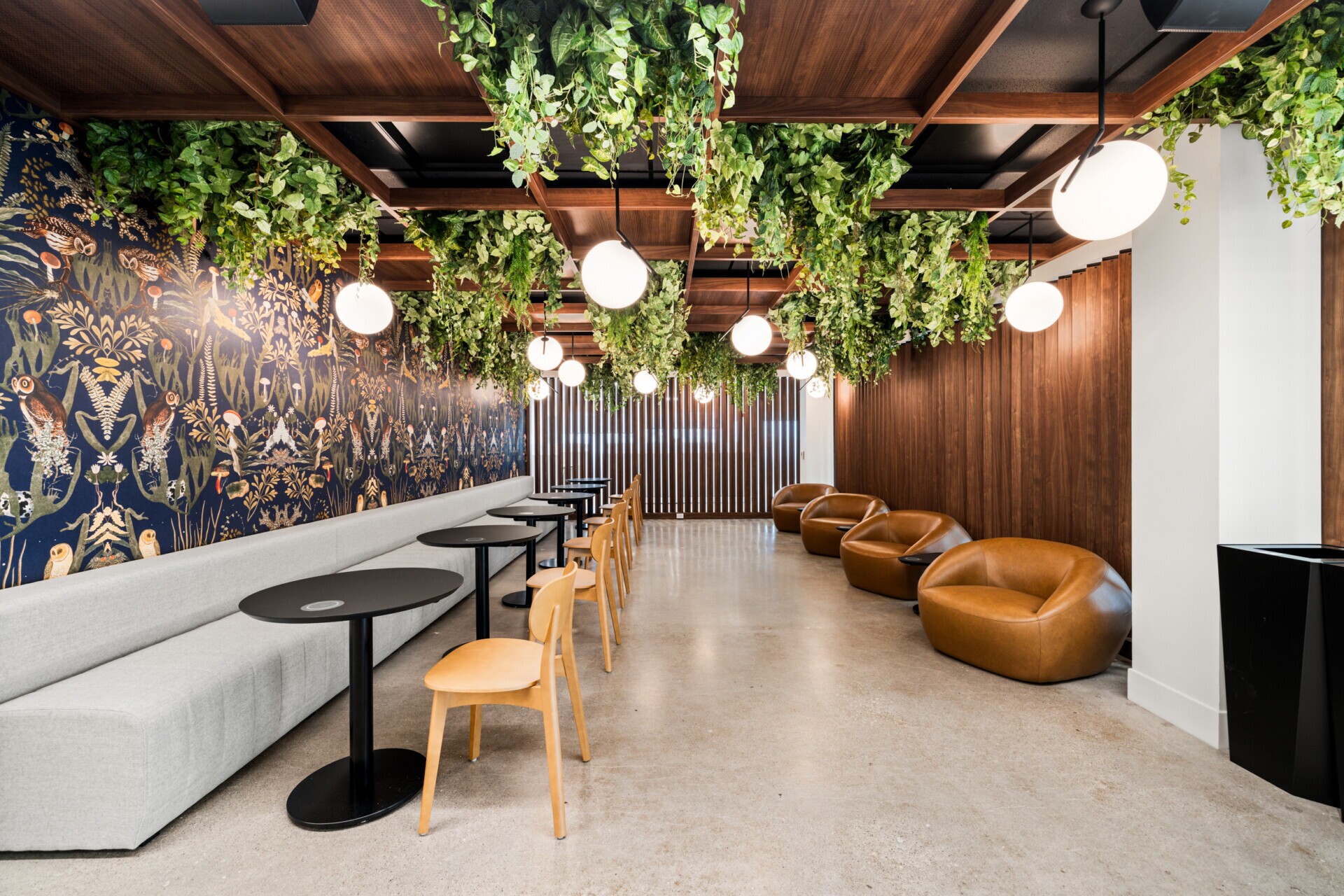 Perspective shot of the Jilani Group cafe with Agilis Networks open cell ceiling.