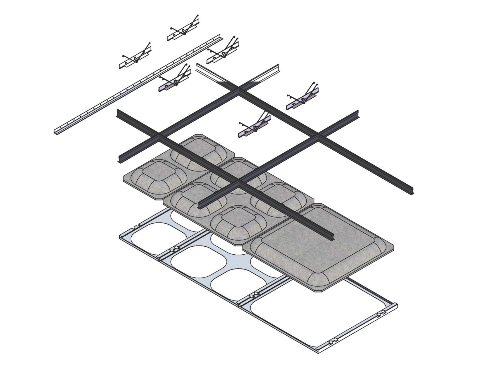 Technical assembly drawing illustrating the grid system for Concave acoustic ceiling tile modules.
