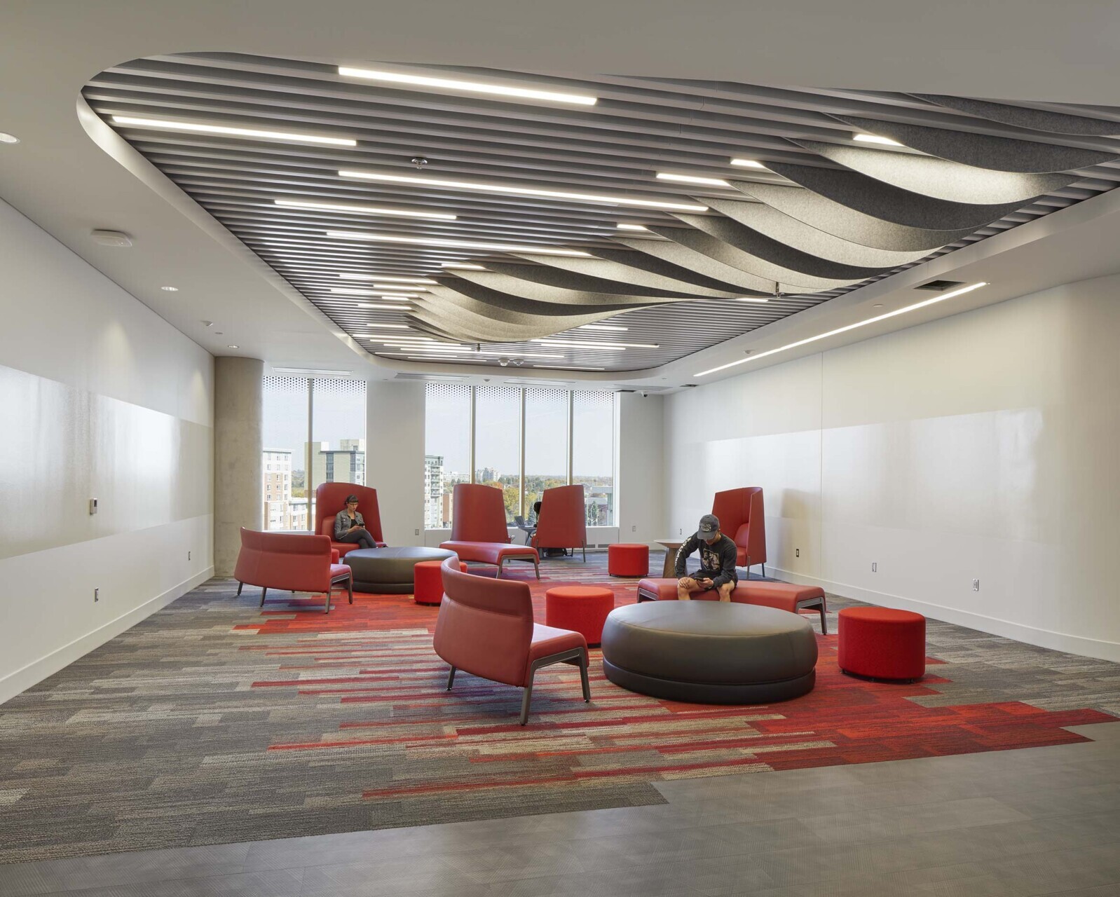 Perspective view of Silentia dimensional felt blades and Agilis baffles at York University.