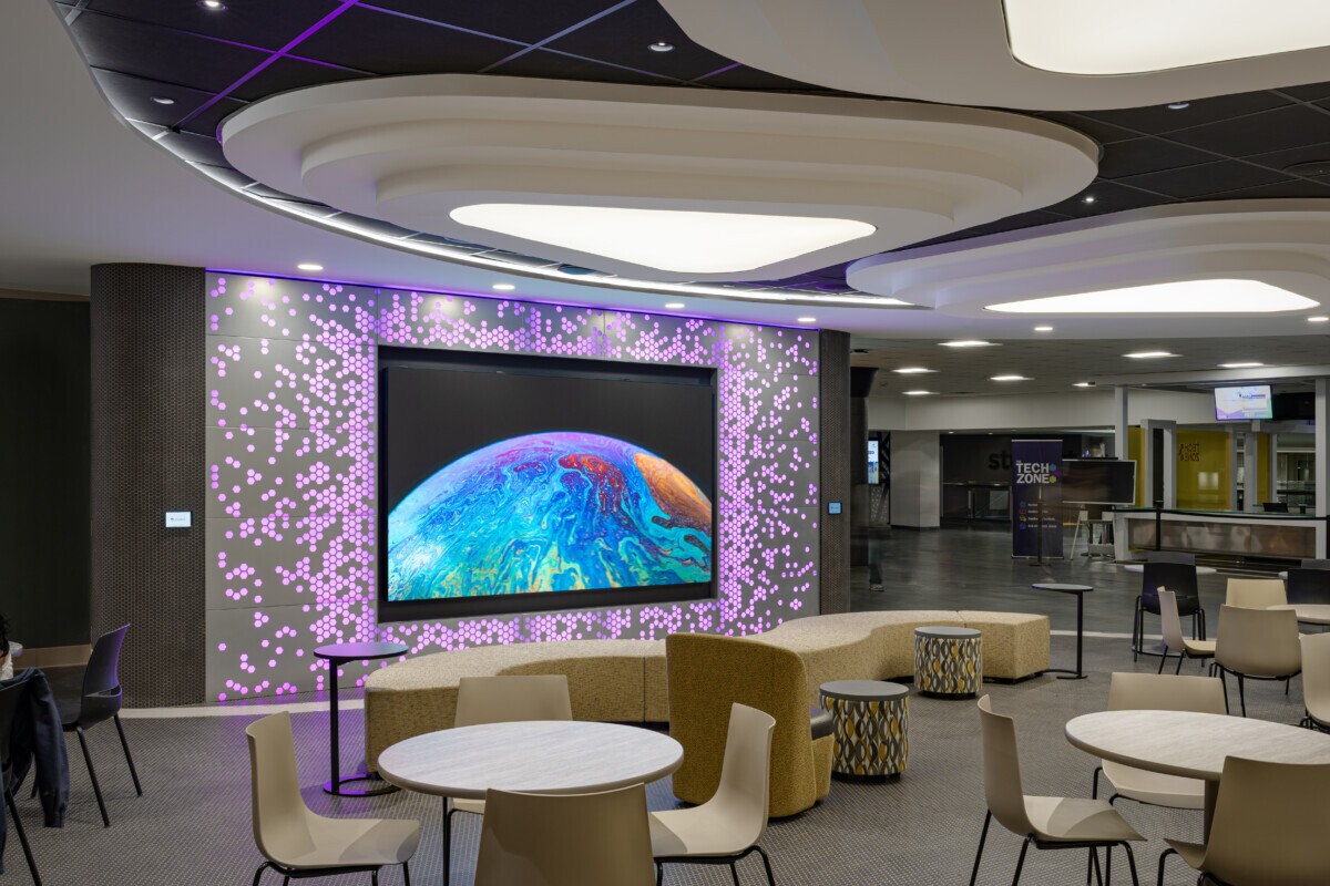 Humber College uses PANEL:Form Backlit Wall Panels with color-changing lighting effects