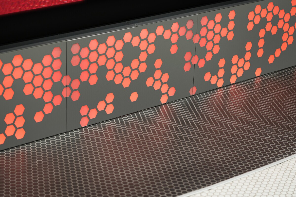 Up close image of a color-changing lighting effects at Humber College using Maxxit's PANEL:Form Backlit Wall Panels