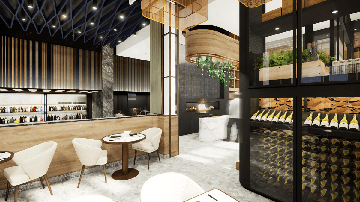 LINE:Form Traditional Baffles in white felt blade at a restaurant at Le Westin Tremblant.