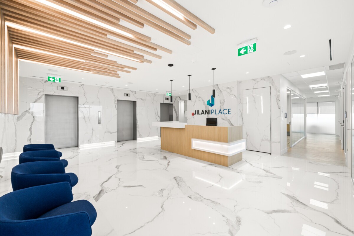 Jilani Group reception area highlighting the integrated Agilis ceiling and wall slat design.