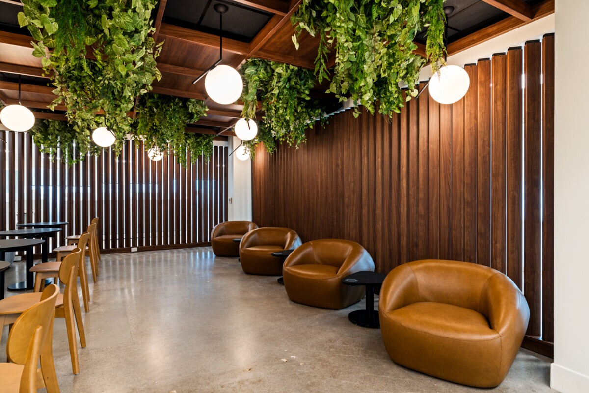 Jilani Group cafe highlighting the Agilis Networks open cell acoustic ceiling system.