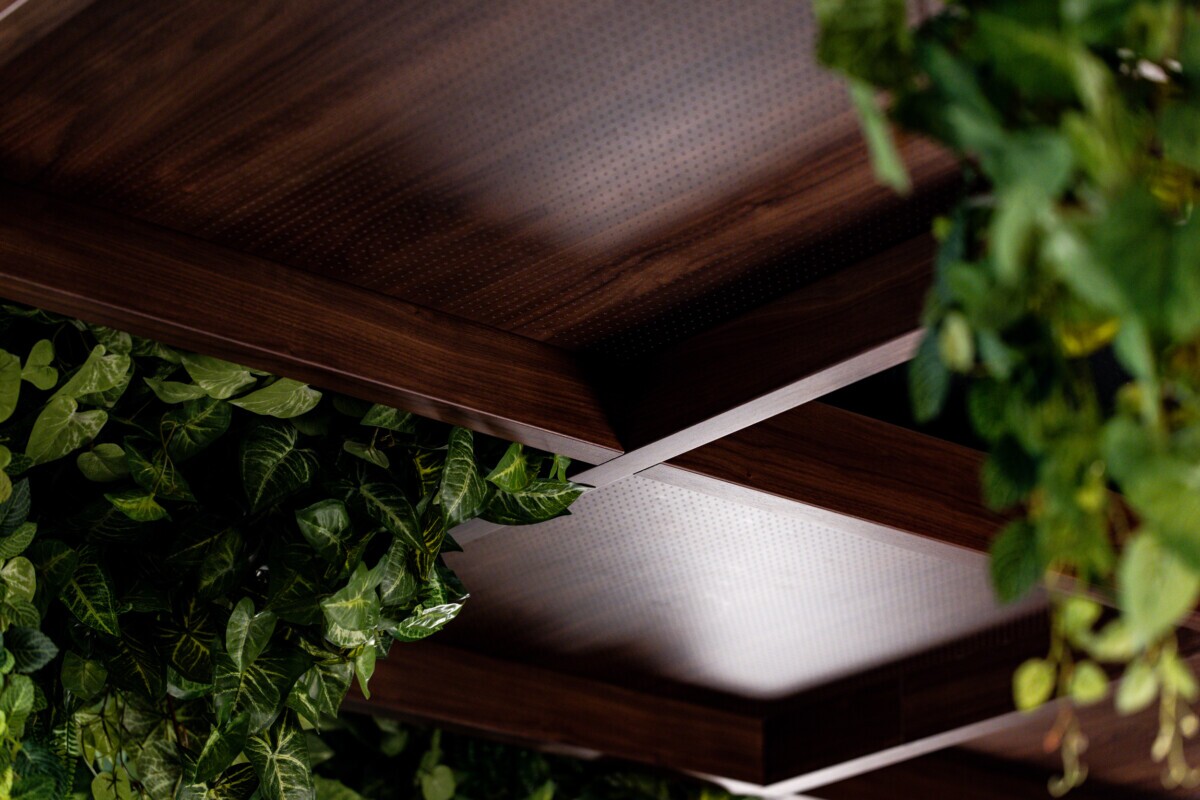 Close-up of Agilis perforated acoustic ceiling panels with woodgrain finish at Jilani Group.