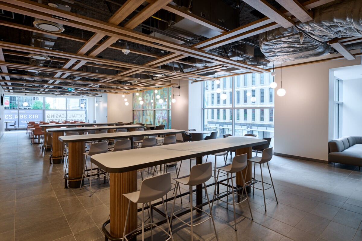 Close-up of the intricate Protero basketweave baffle ceiling design at World Exchange Plaza.