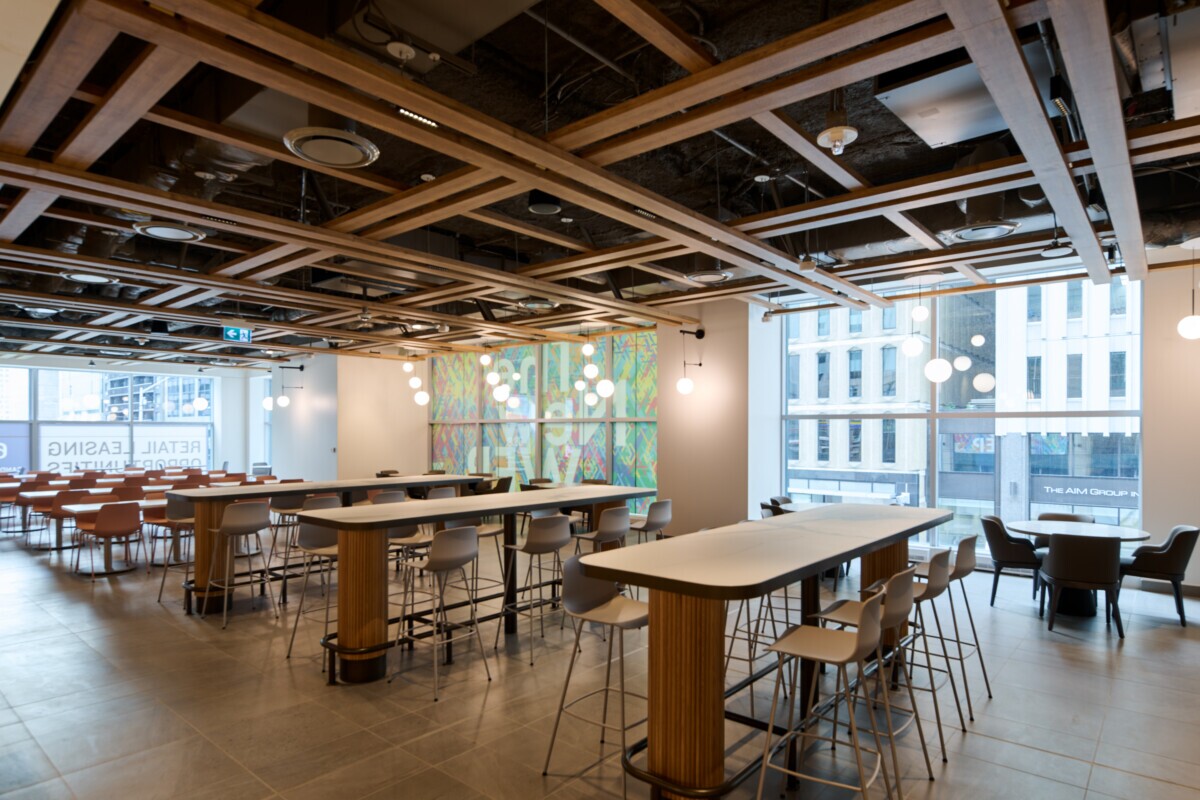 World Exchange Plaza ceiling featuring a unique Protero basketweave baffle pattern.