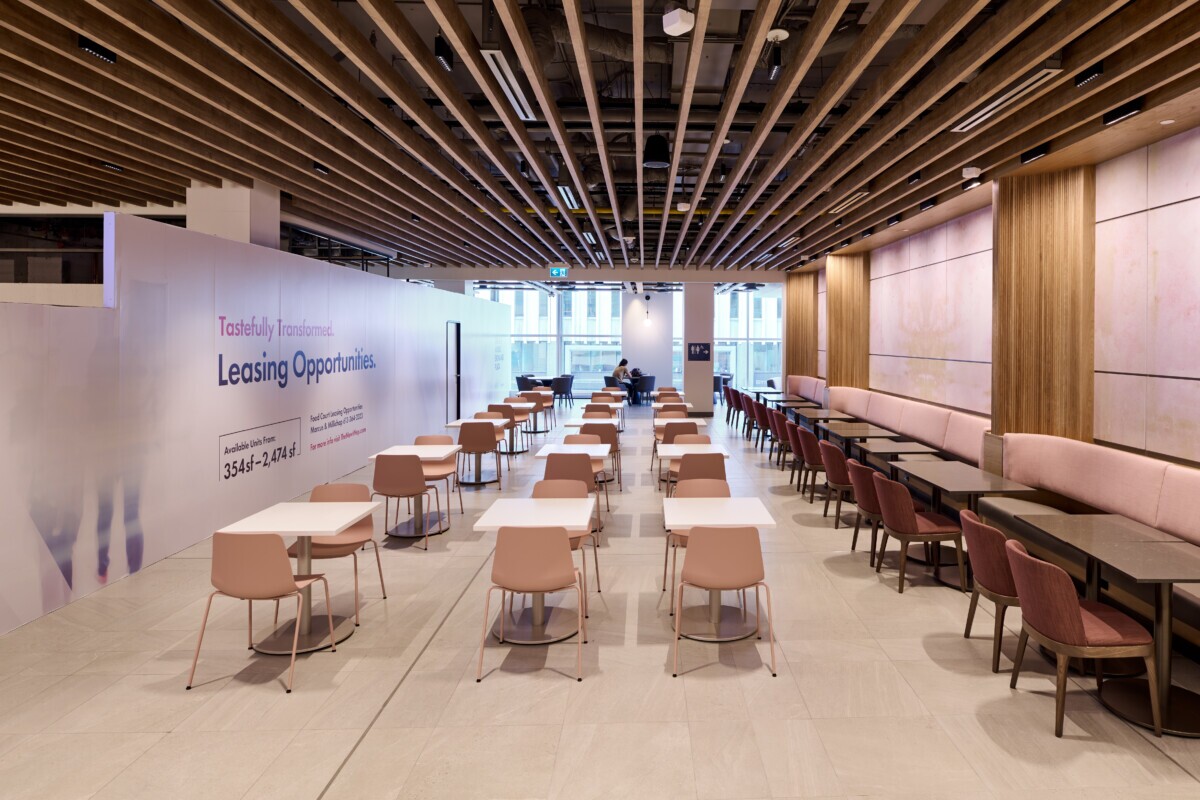 Interior of World Exchange Plaza highlighting the Protero traditional baffle ceiling system.