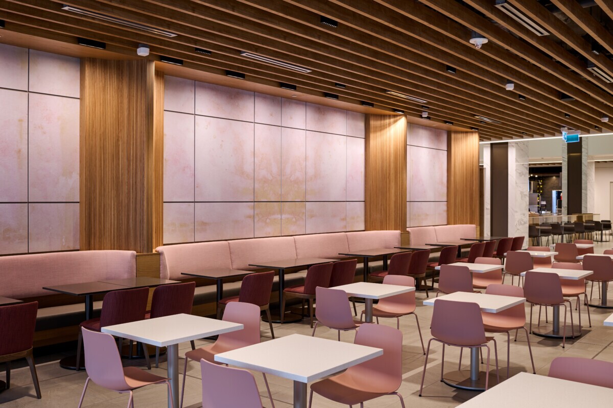 Protero traditional baffle ceiling adds linear detail to a World Exchange Plaza.