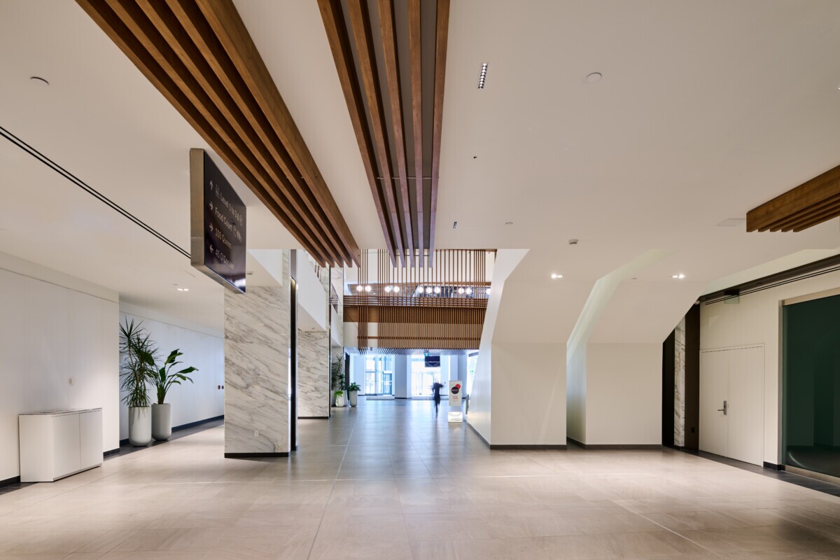 Perspective view of wood-look Protero traditional baffles at World Exchange Plaza.