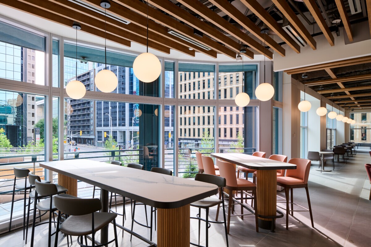 World Exchange Plaza ceiling featuring an intricate basketweave design using Protero traditional baffles.
