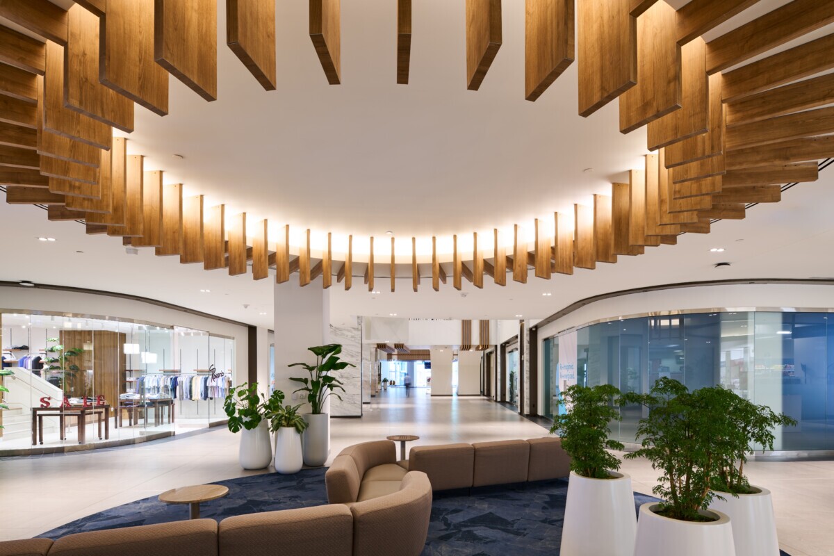 Close-up view of the Protero traditional baffle ceiling installation at World Exchange Plaza.