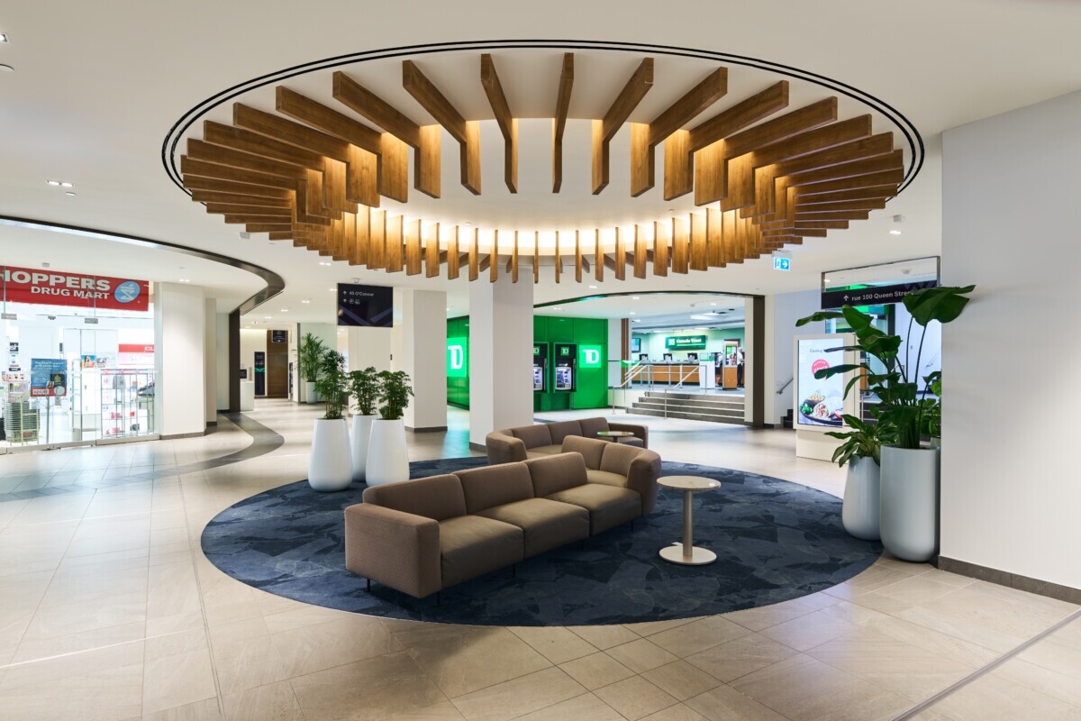 Perspective view of the Protero traditional baffle ceiling installation at World Exchange Plaza.
