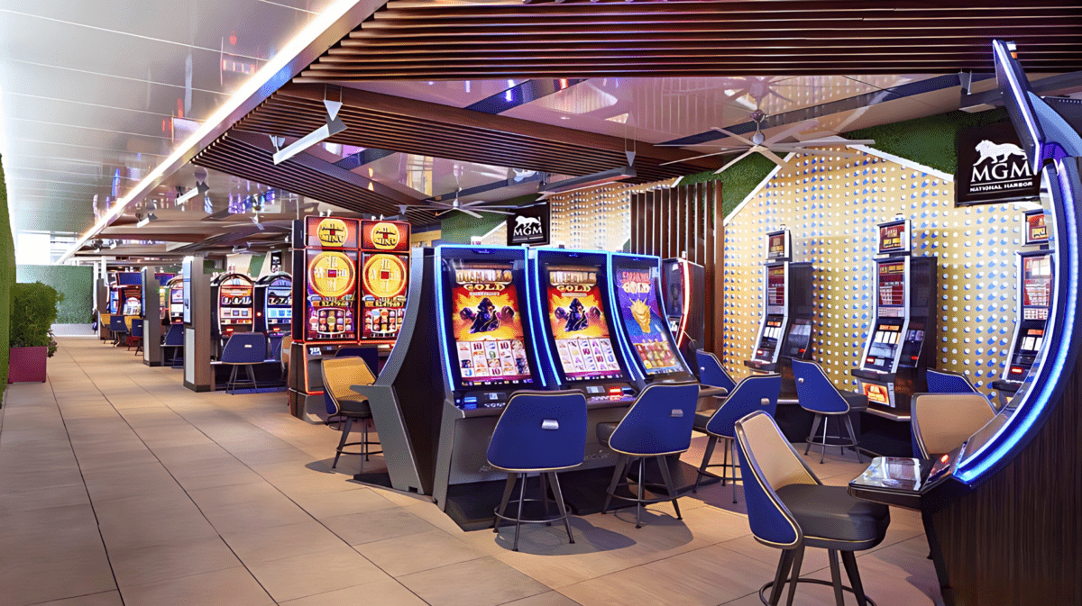 MGM National Harbor gaming terrace featuring Agilis woodgrain baffles and aluminum ceiling panels.
