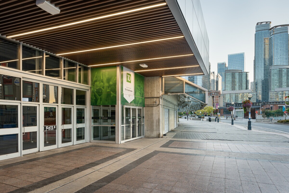 Wide view of the Rogers Centre Gate 8 entrance with Protero traditional baffles.