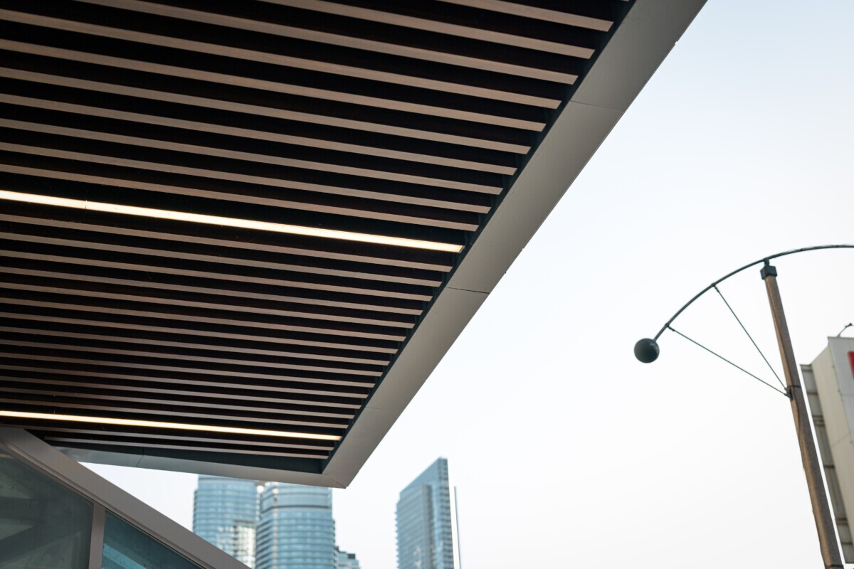Underside of the Rogers Centre exterior canopy featuring Protero traditional wood-look baffles.