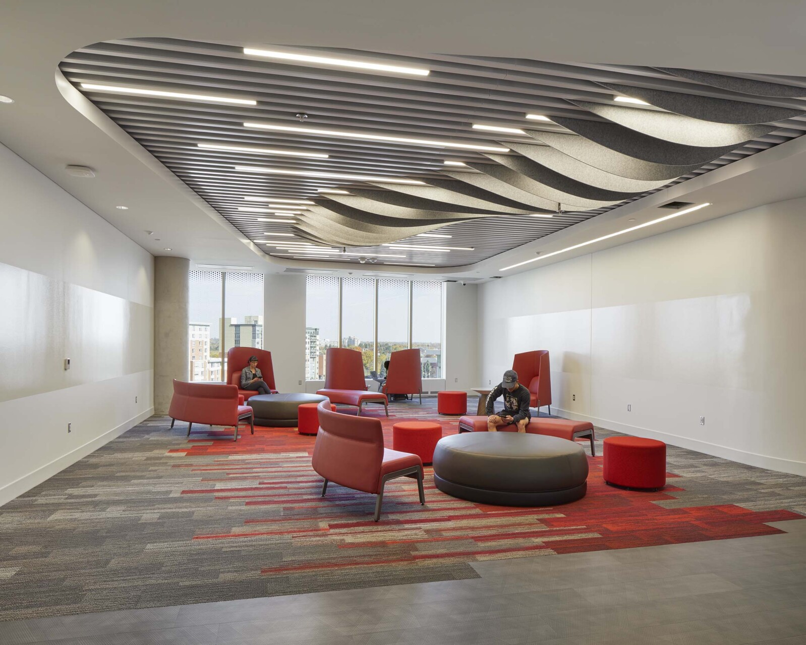 Perspective view of Silentia dimensional felt blades and Agilis baffles at York University.