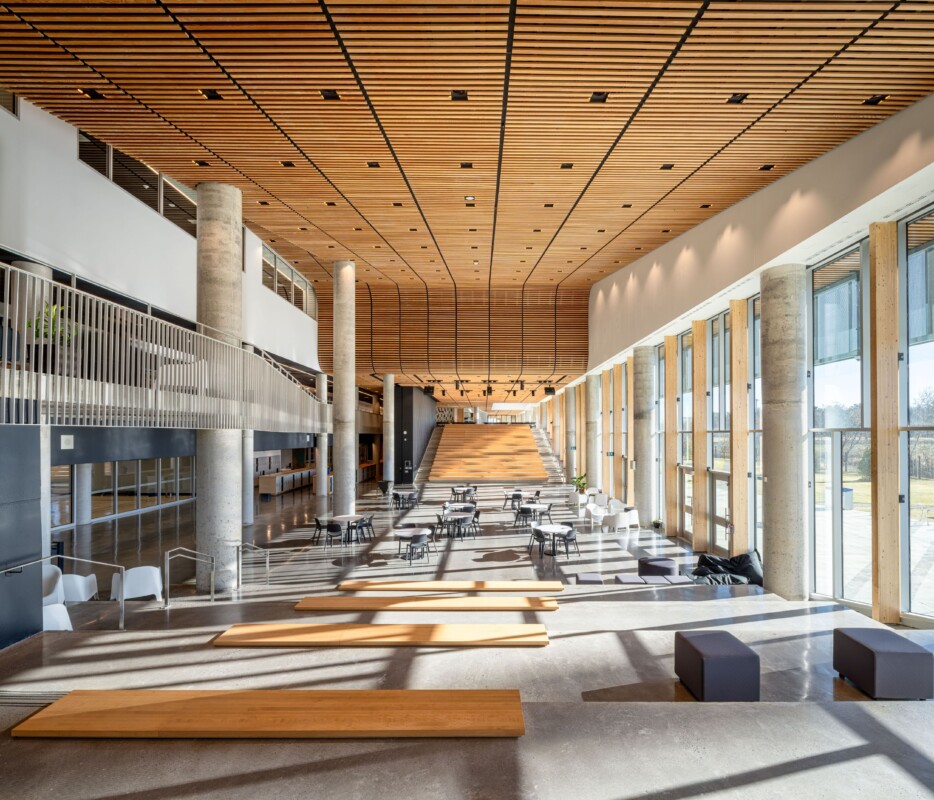 Open amphitheater with a ceiling using custom wood LINE:Form Linear Planks system at a high school in California.