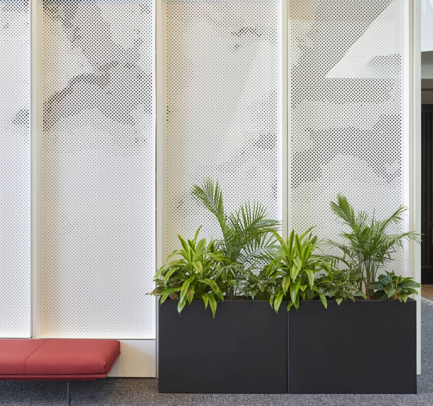 901 King St lobby with perforated white panels.