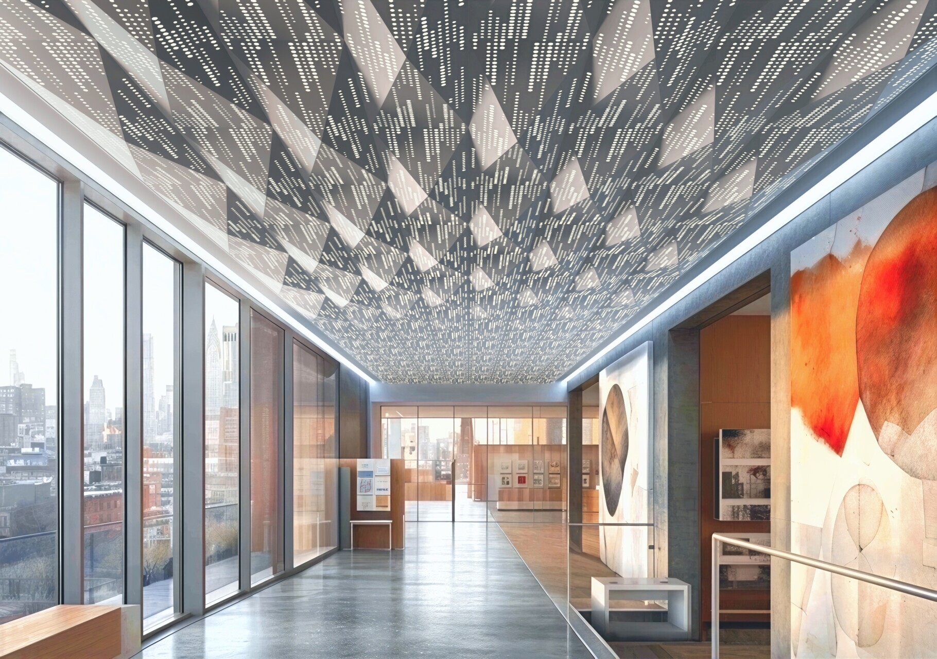 Modern hallway with large windows, dimensional ceiling panels, and contemporary art on the walls.