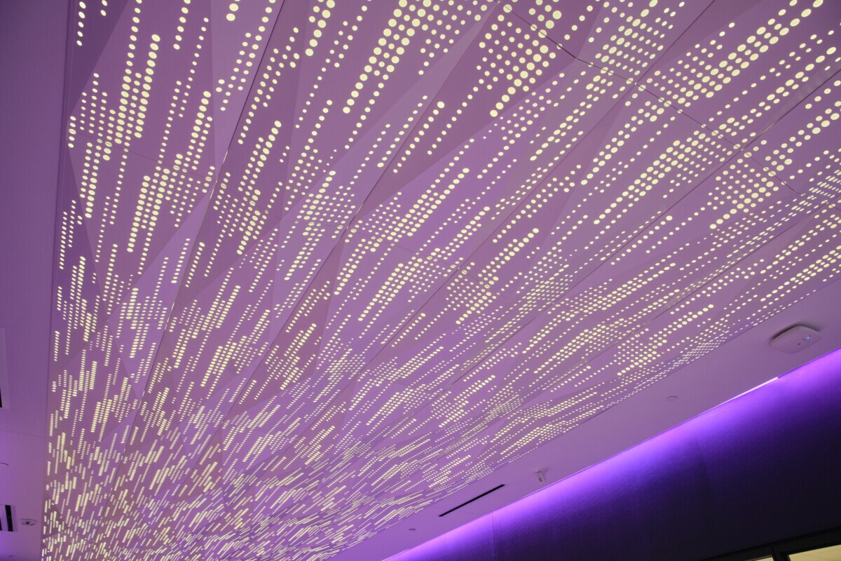 Close up of a PANEL:Form Dimensional Panels faceted 3D ceiling system