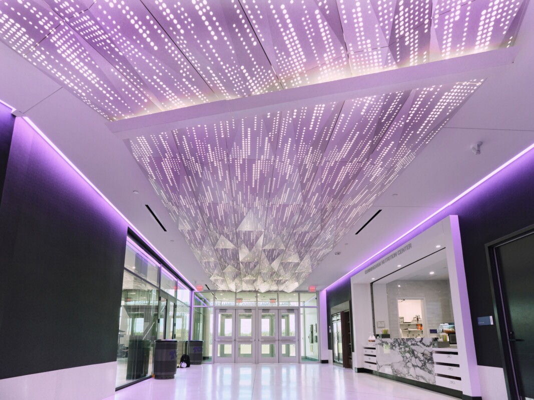 PANEL:Form Dimensional Panels faceted 3D ceiling system in a hallway at TCU