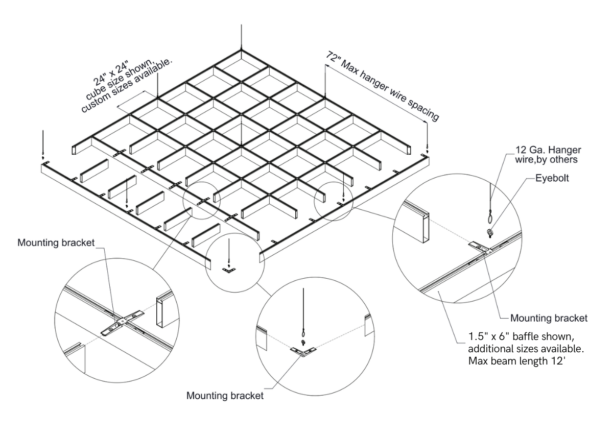 Diagram of a suspended ceiling grid system with labeled components and detailed close-up insets.