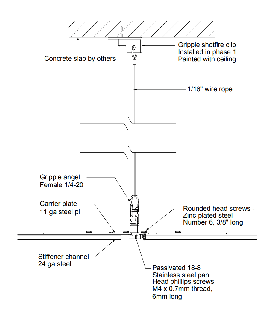 Suspended ceiling system diagram showing wire rope, clips, screws, and steel channels for installation.
