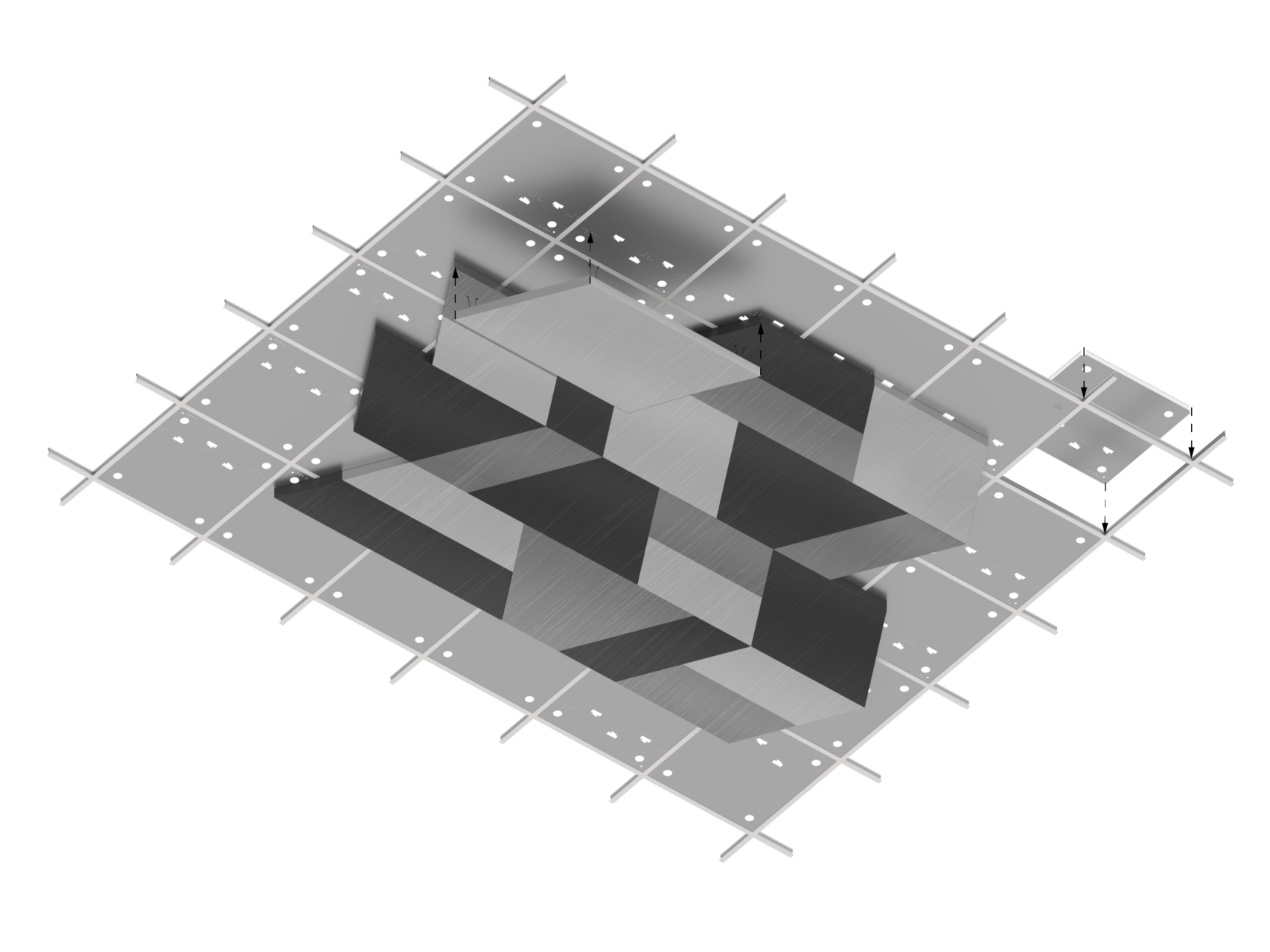 Technical drawing showcasing the Panelform Mozaix Arrow metal ceiling system in a geometric 3D assembly.