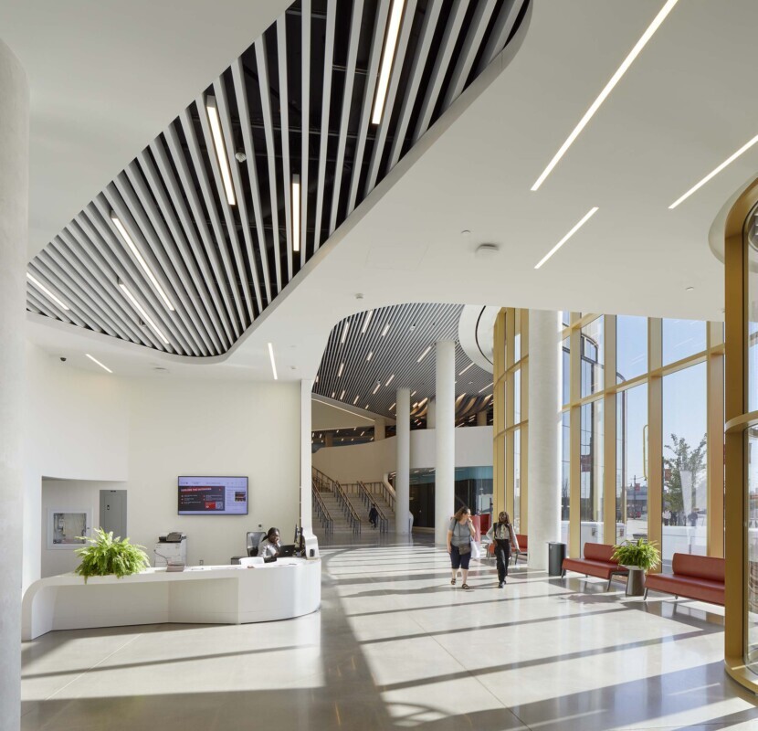 Detailed view of the Agilis perforated baffle ceiling system at York University.