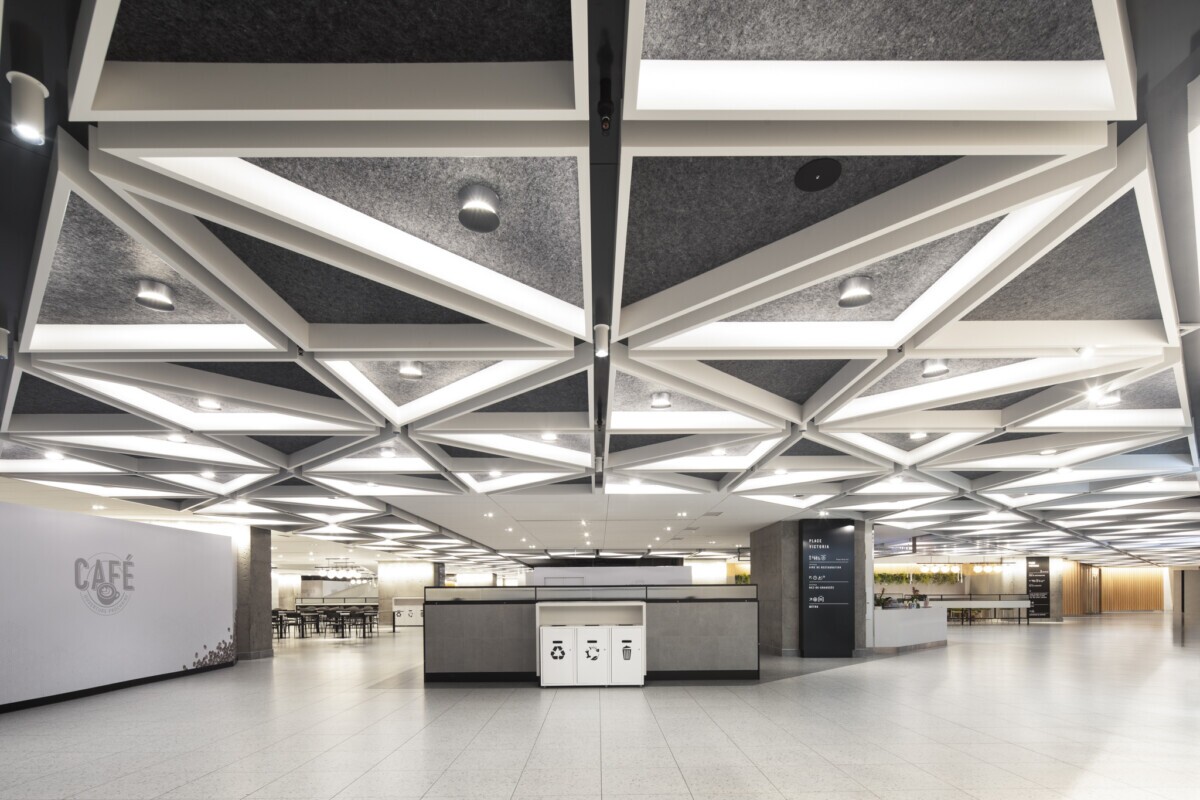 Place Victoria in Montreal, QC uses AERO:Form Trilateral Open Cell products by Maxxit on it's ceilings