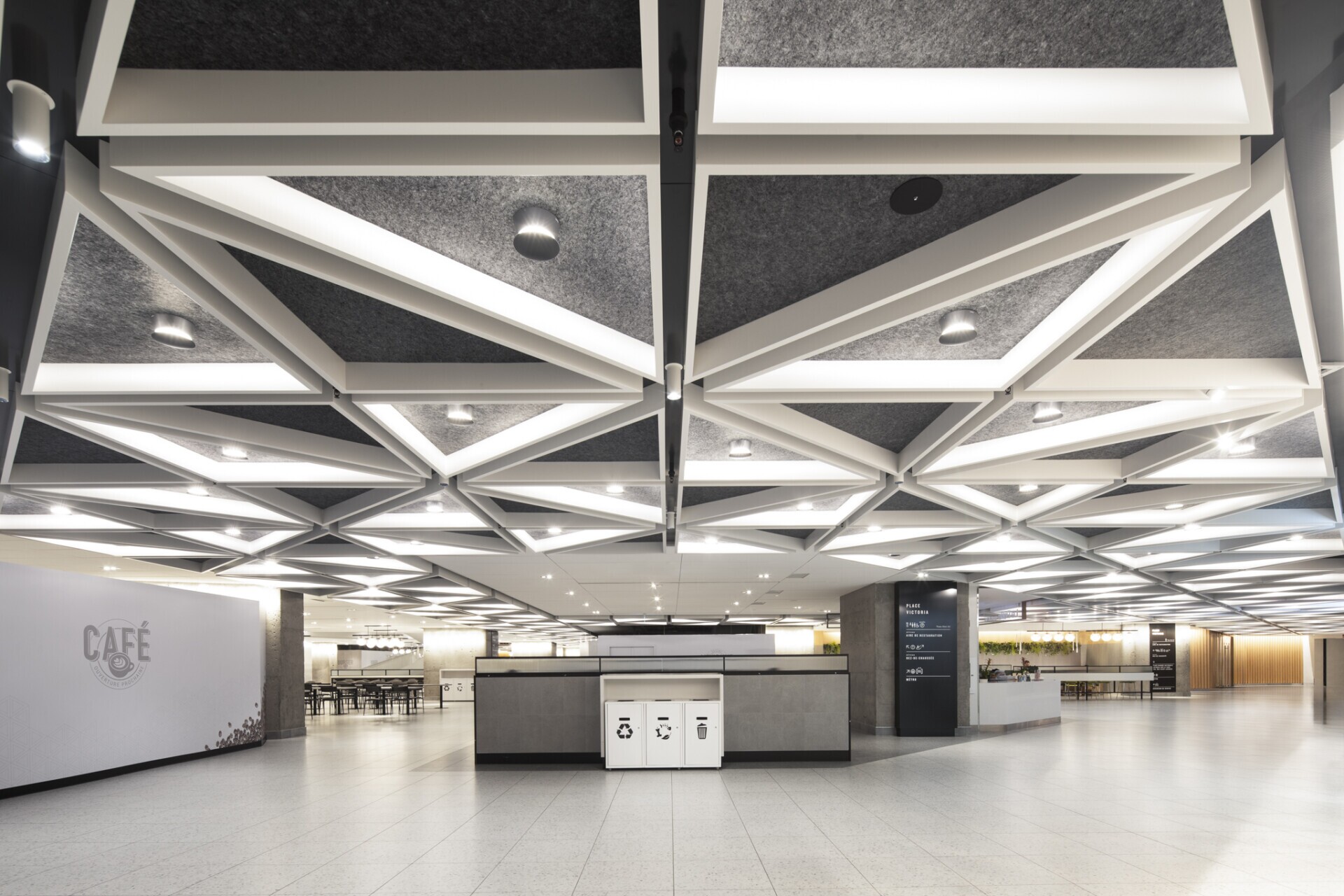 Place Victoria in Montreal, QC uses AERO:Form Trilateral Open Cell products by Maxxit on it's ceilings