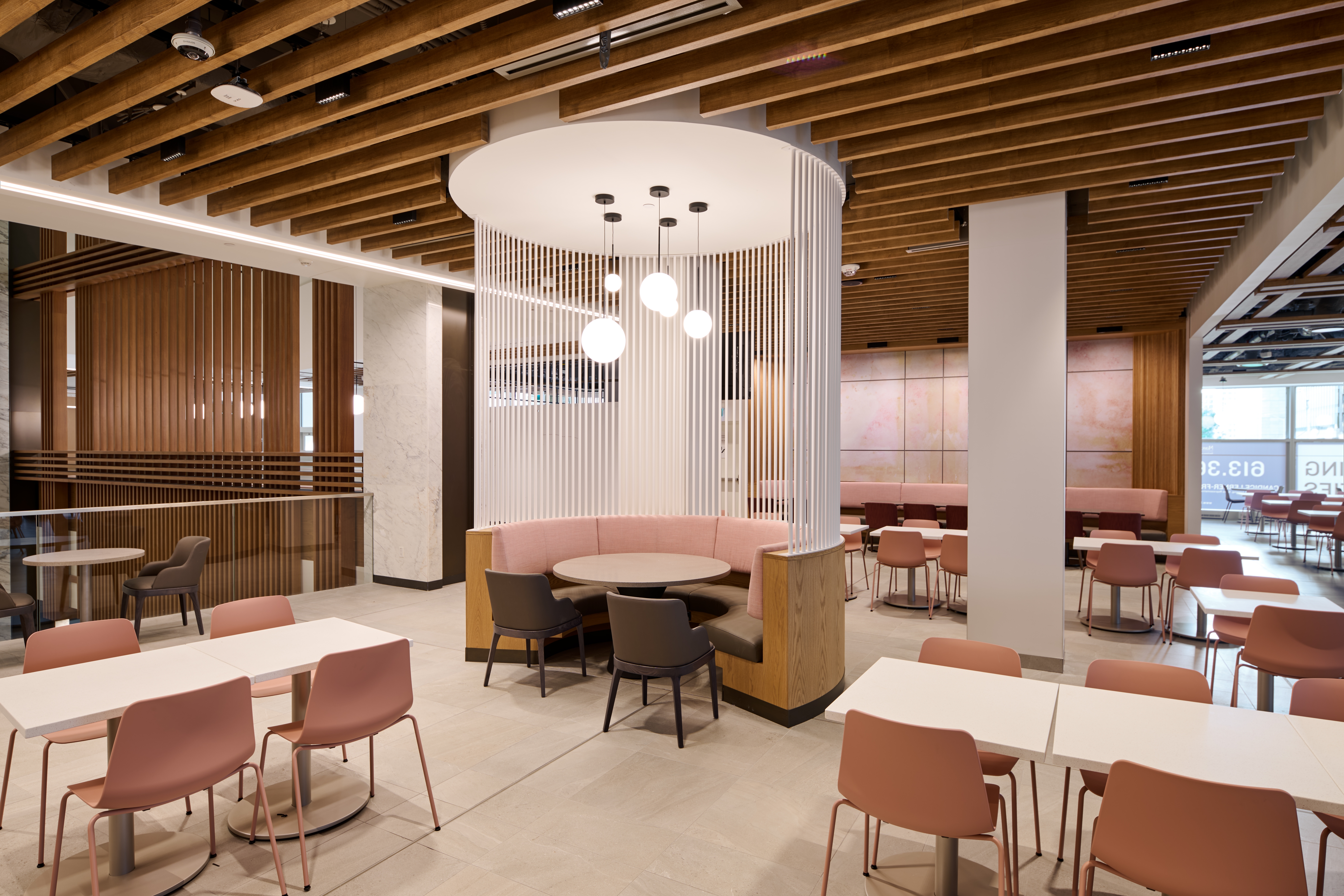 Protero traditional baffles used as wall partitions in a basketweave pattern at World Exchange Plaza