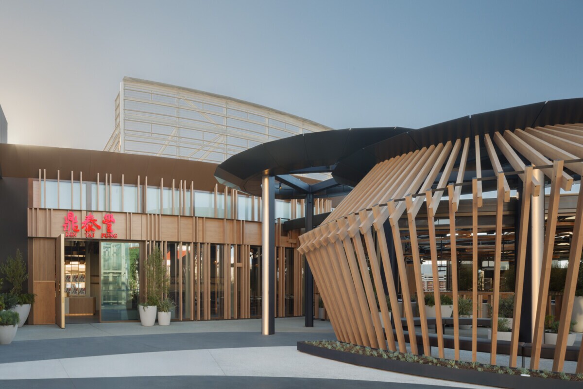 View of the exterior of Din Tai Fung in Santa Monica, California. Showcasing Maxxit's circular exterior wall fins.