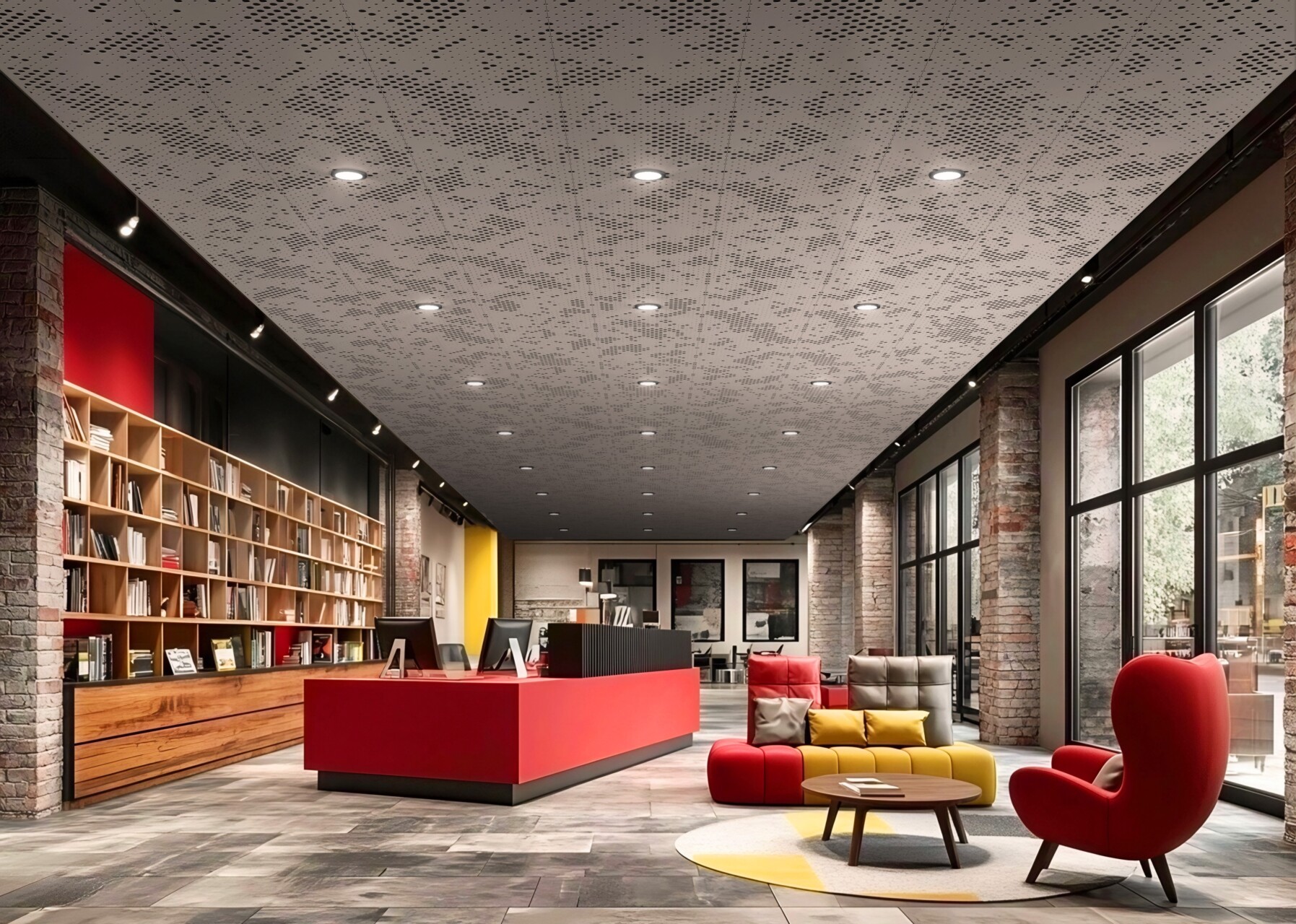 Modern library interior with perforated ceiling panels.