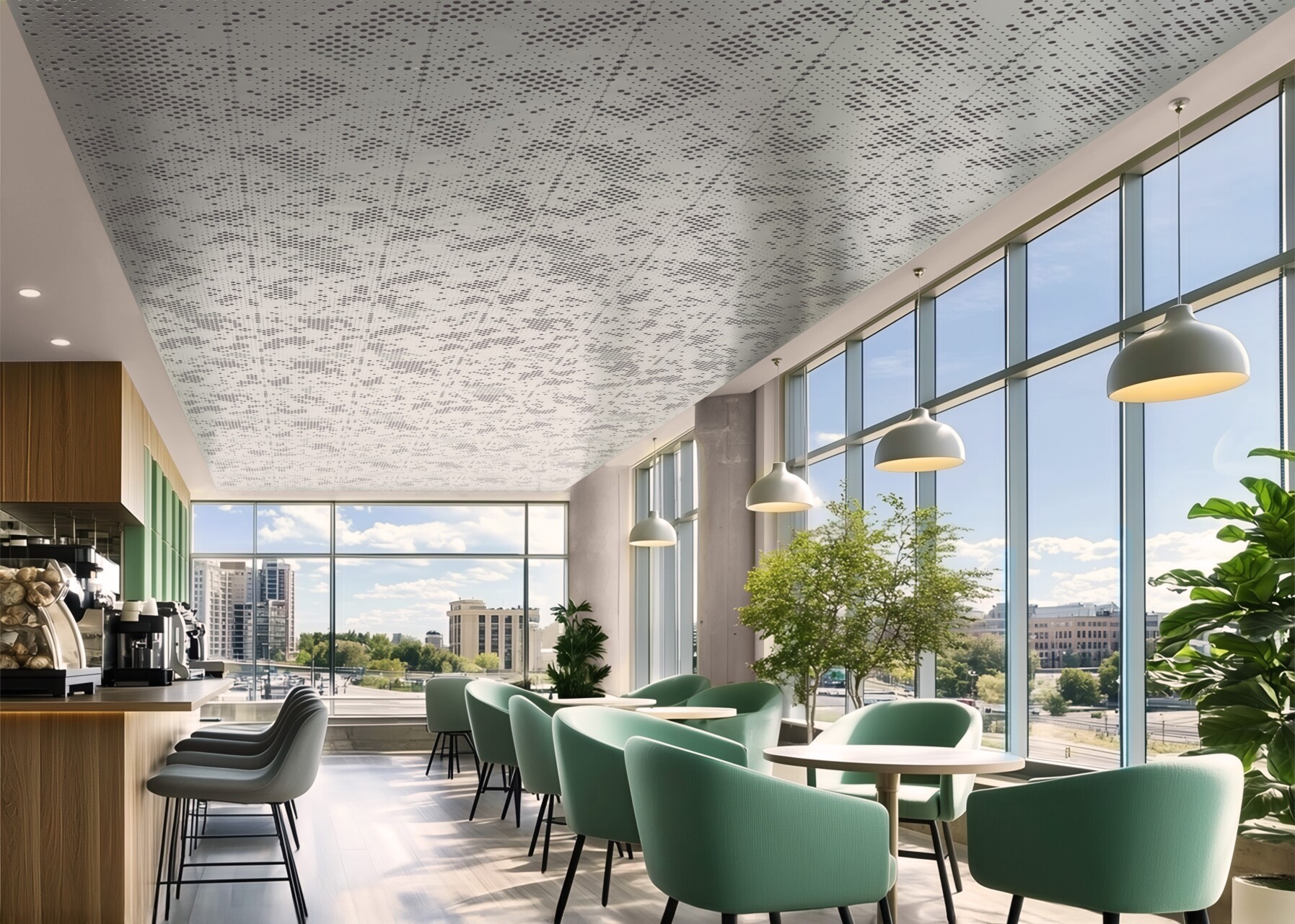 Modern office lounge with perforated ceiling panels.